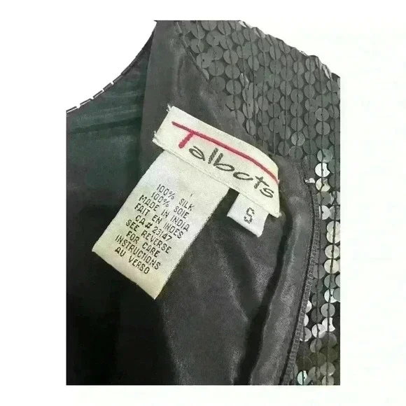 Talbots Vintage 100% Silk Black Sequin Round Neck Short Sleeve Blouse, sz Small - Picture 8 of 11